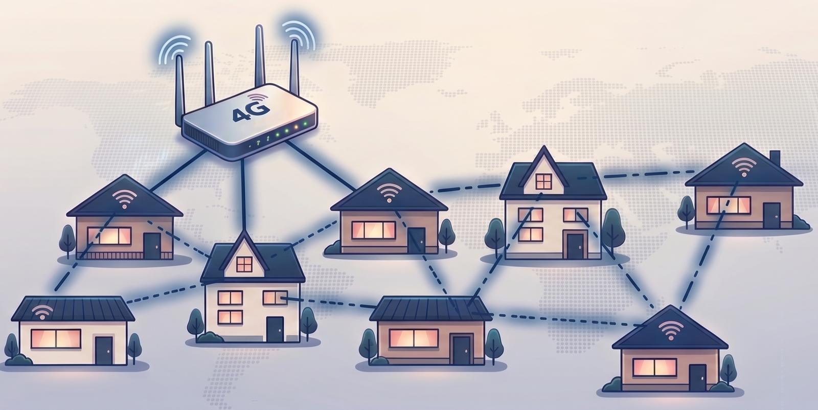 Esquema de red mesh: un concentrador 4G enlazado con medidores domiciliarios que se comunican entre sí