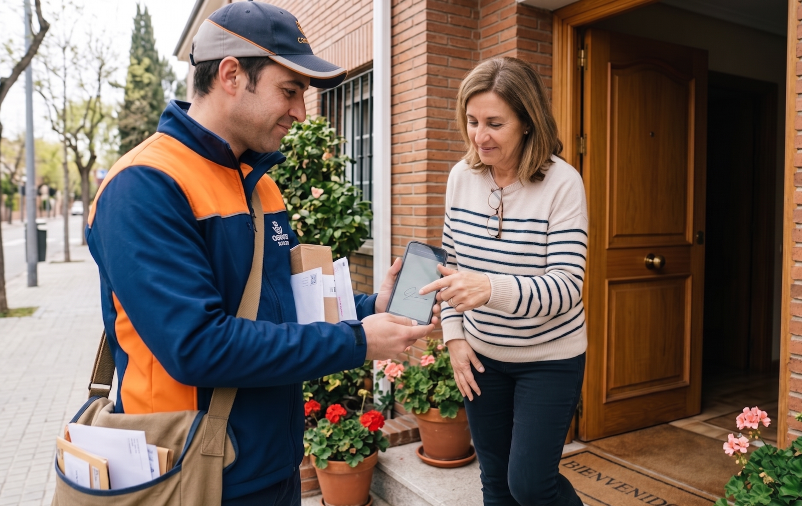 Destinatario firmando la recepción de una entrega en la pantalla táctil del repartidor